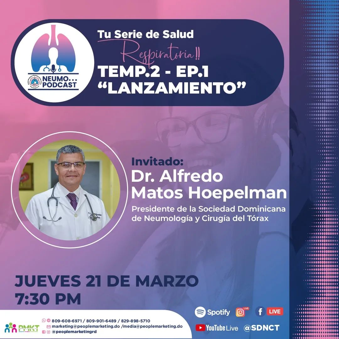 Portada del NeumoPodcast episodio 1 temporada 2 con Dr. Alfredo Matos Hoepelman, presidente de la Sociedad Dominicana de Neumología y Cirugía del Tórax